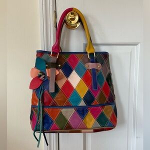 HESHE Multicolor Harlequin Patchwork Leather Tote Bag with Adjustable Strap